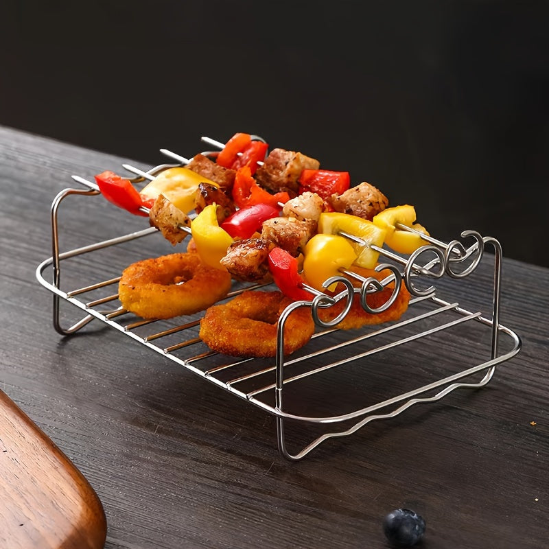 Set of 3 stackable multi-layer stainless steel dehydrator racks, set of 2 with 4 baking sticks, stackable air fryer rack, multi-purpose steaming and baking rack, cooling rack. Can be used as a dehydrator, baking rack, or deep fryer accessory. Perfect as