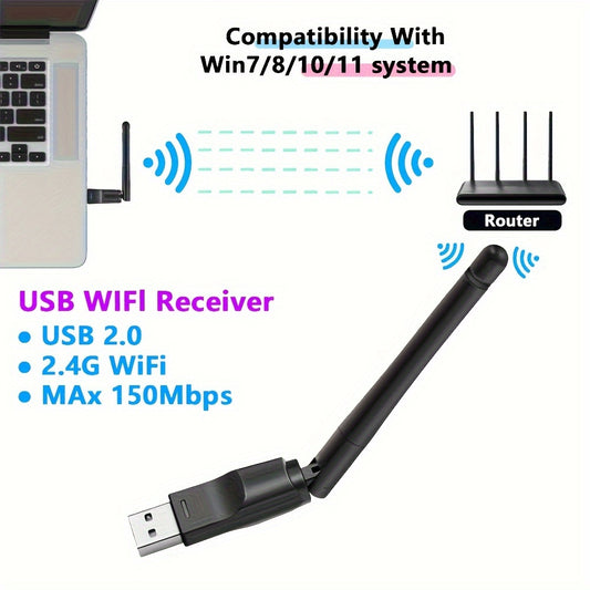 OurLife High-Gain 2.4G WiFi USB Network Adapter boosts internet reception for laptops and desktops with speeds up to 150Mbps. Compatible with Windows and supports WPA security. USB 3.0