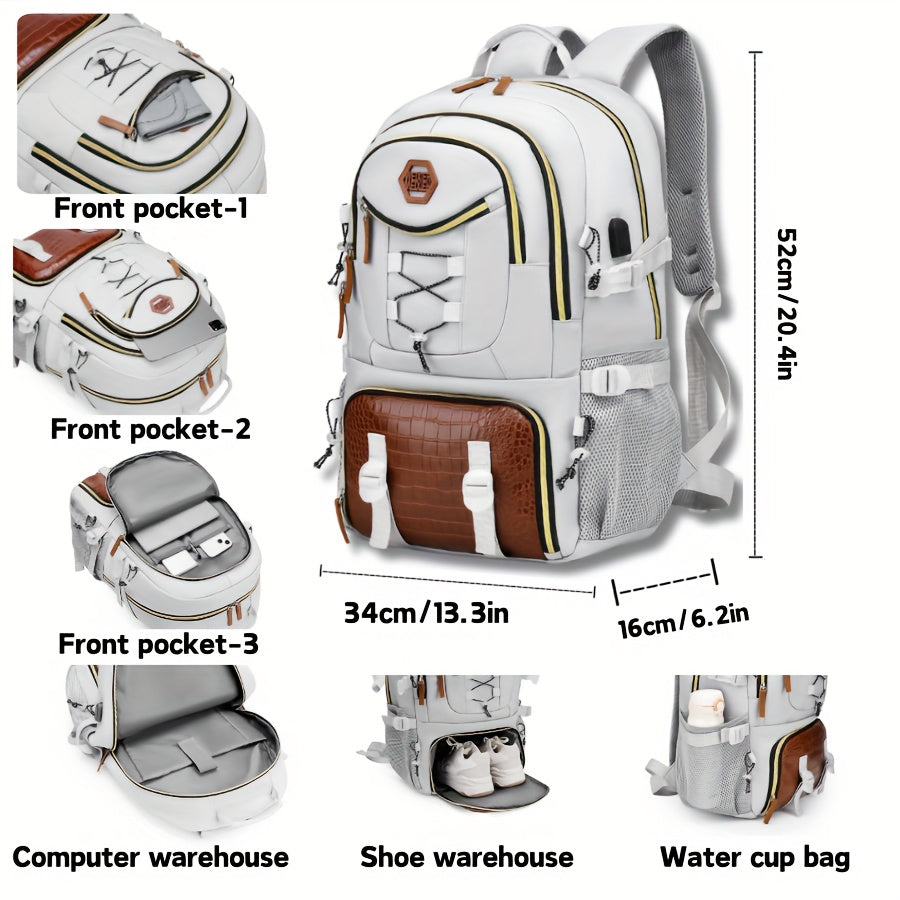 WEIXIER Men's Stylish Multifunctional Backpack in White & Brown with Large Capacity for Laptop, Travel, School & Work, Durable Nylon with Crocodile Texture - Perfect Gift for Friends &