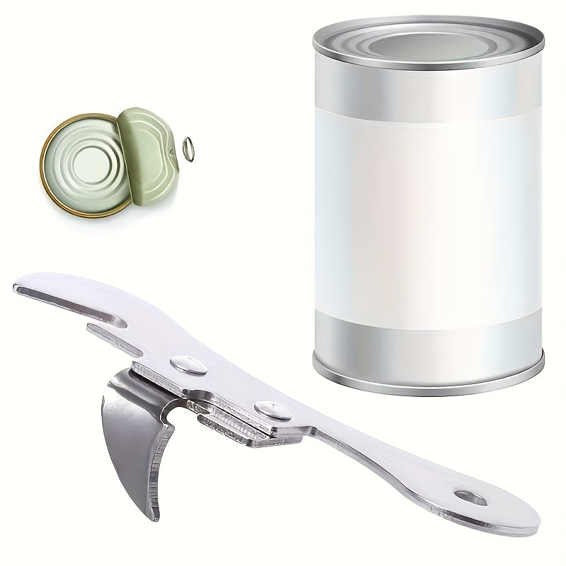 Portable stainless steel kitchen tool that functions as a versatile can opener and bottle opener, available in multiple colors.