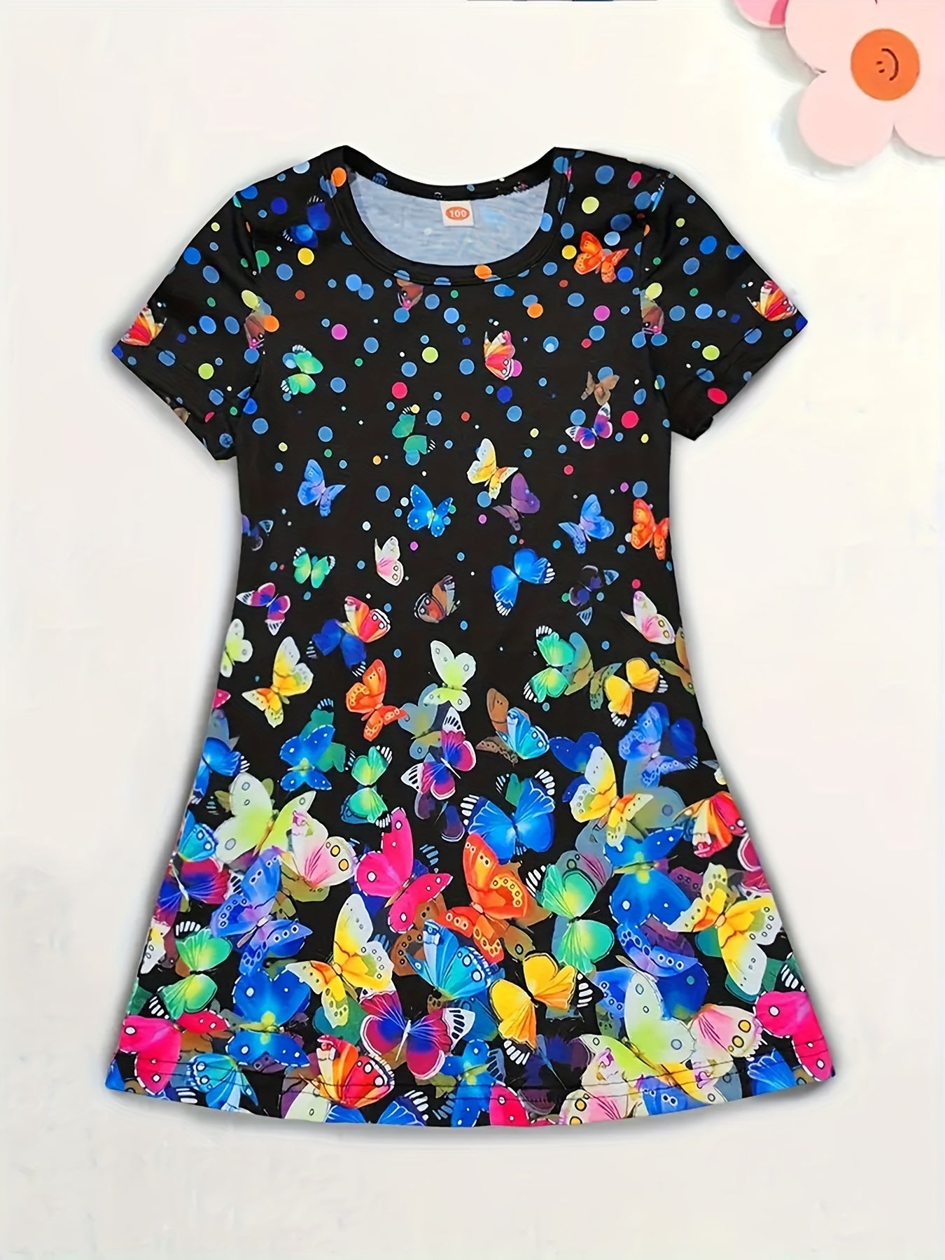 Colorful butterfly print dress for girls, perfect for spring and summer occasions.