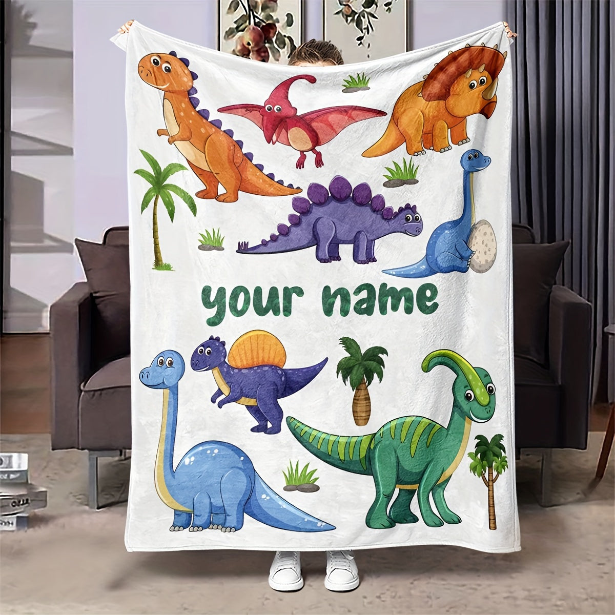 Soft and cozy dinosaur cartoon flannel throw blanket - great for all seasons, makes the perfect gift for bedroom decor.