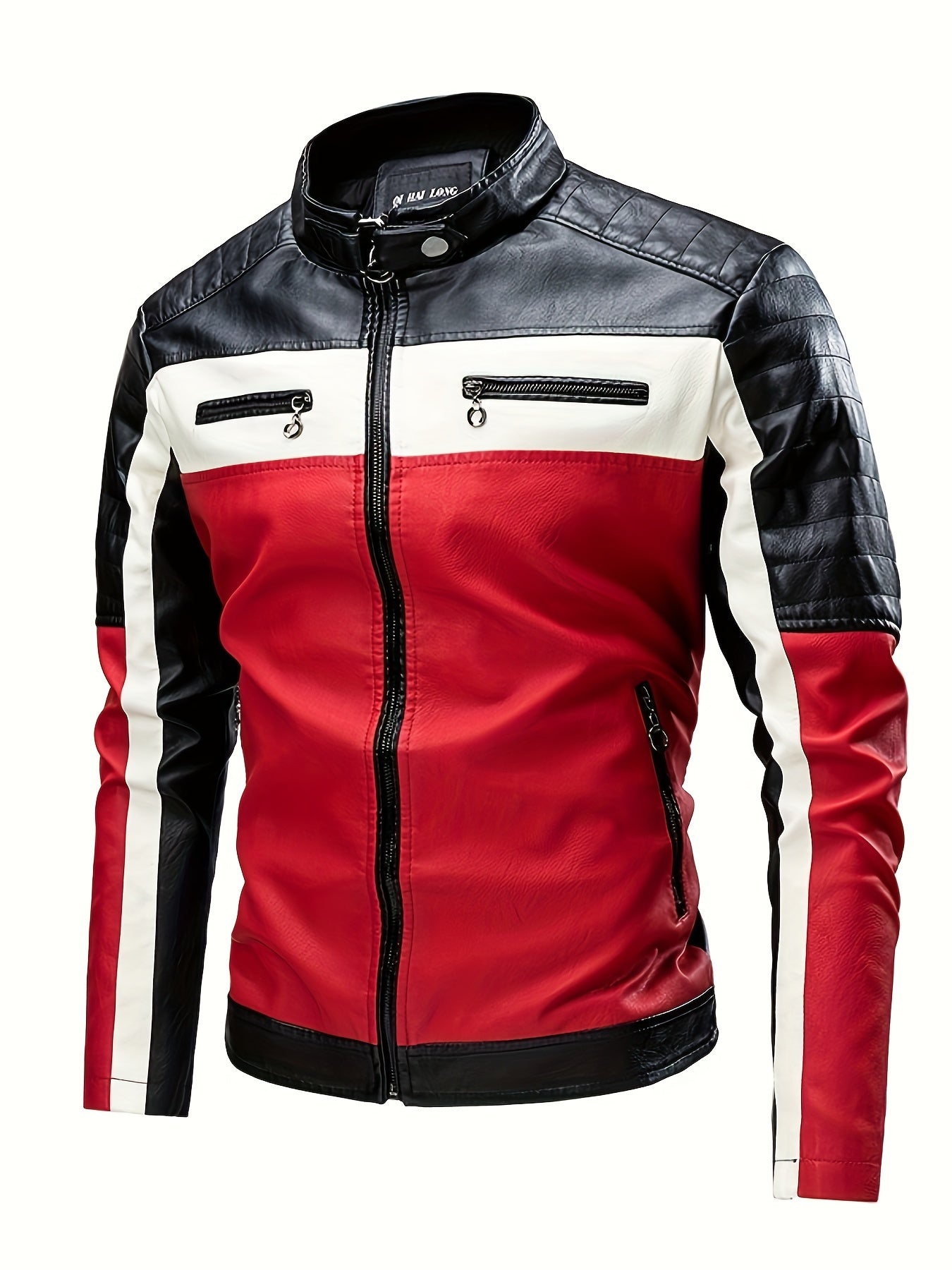 Men's red & black PU leather biker jacket, windproof and warm for Fall 2024. Versatile for casual riding, with zipper closure and side pockets. Asymmetrical design for durability and style.