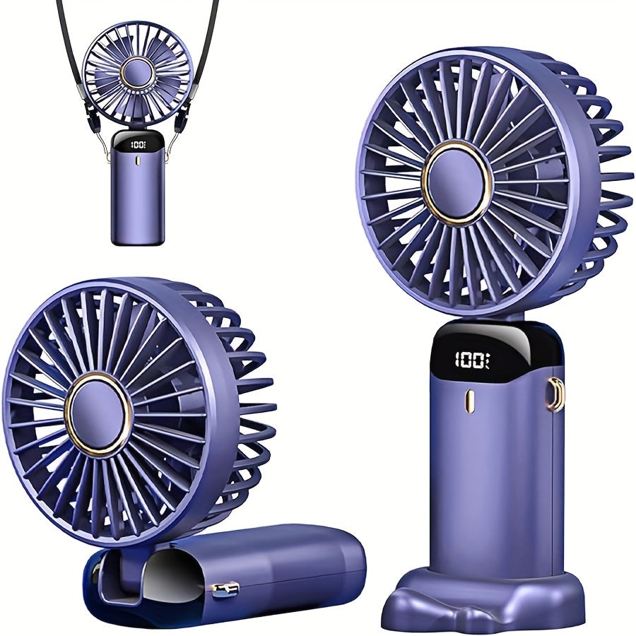 Portable Handheld Fan with LED Display - Rechargeable, Quiet Operation, Adjustable Angle, USB Powered Mini Fan for Indoor & Outdoor Use, Ideal for Office, Bedroom, Travel & Camping, Includes Base and Battery Option, Suitable for Desktop Use