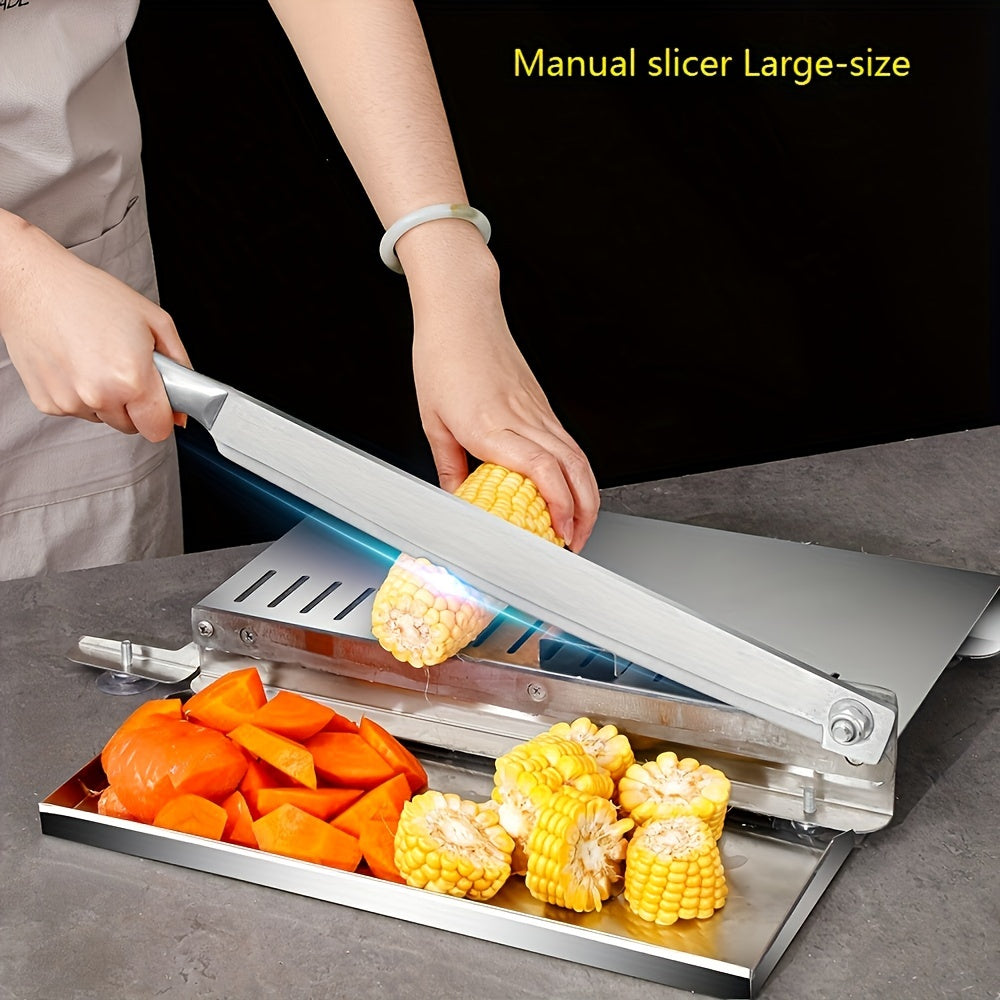 One piece of a large-sized professional kitchen cutter made of stainless steel, the manual mandoline slicer is perfect for slicing vegetables, fruits, and meats. This non-electric versatile food slicing tool has a 27cm blade.