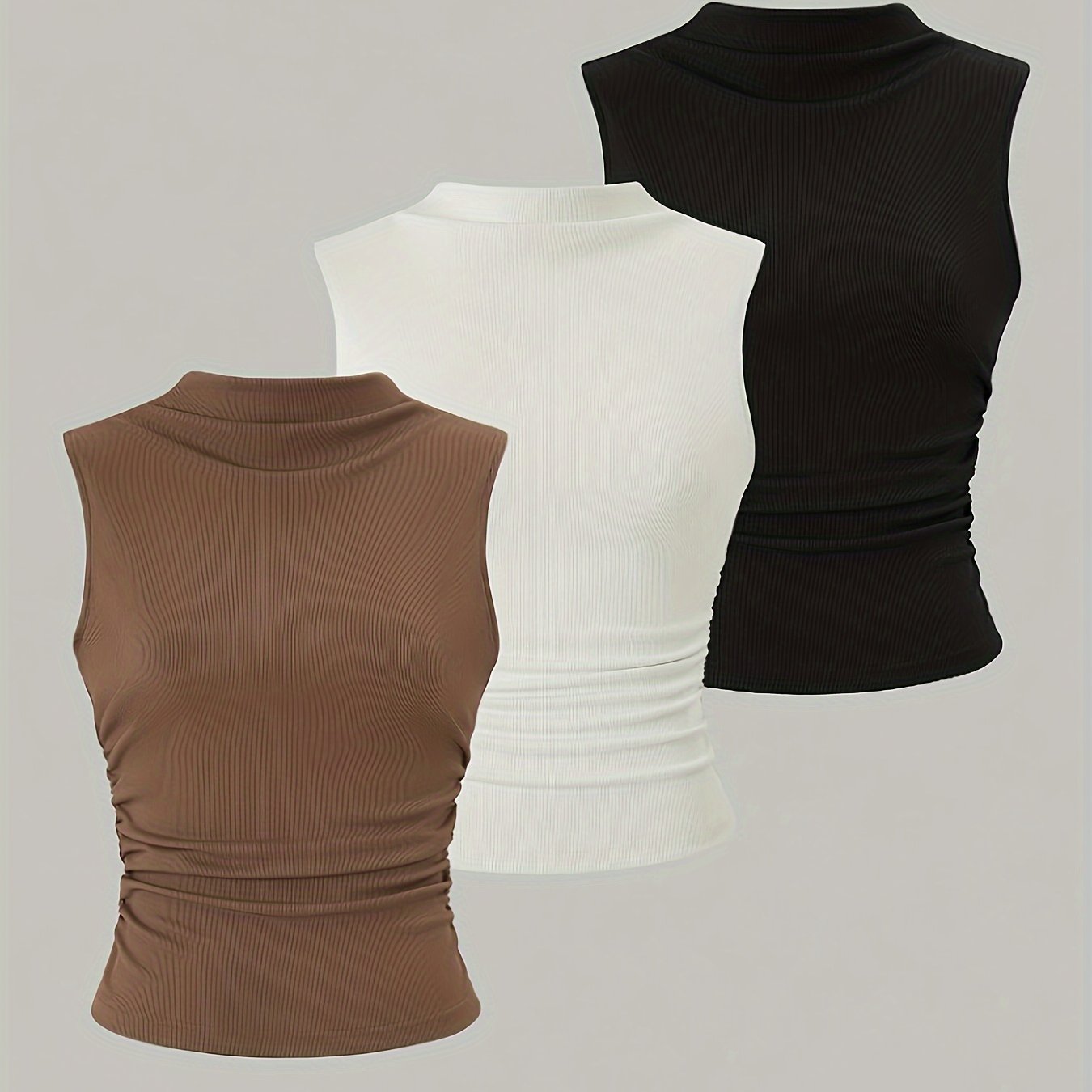 Sleeveless mock neck tank top features chic ruched design, stretchy polyester blend, machine washable - versatile slim vest for all seasons.