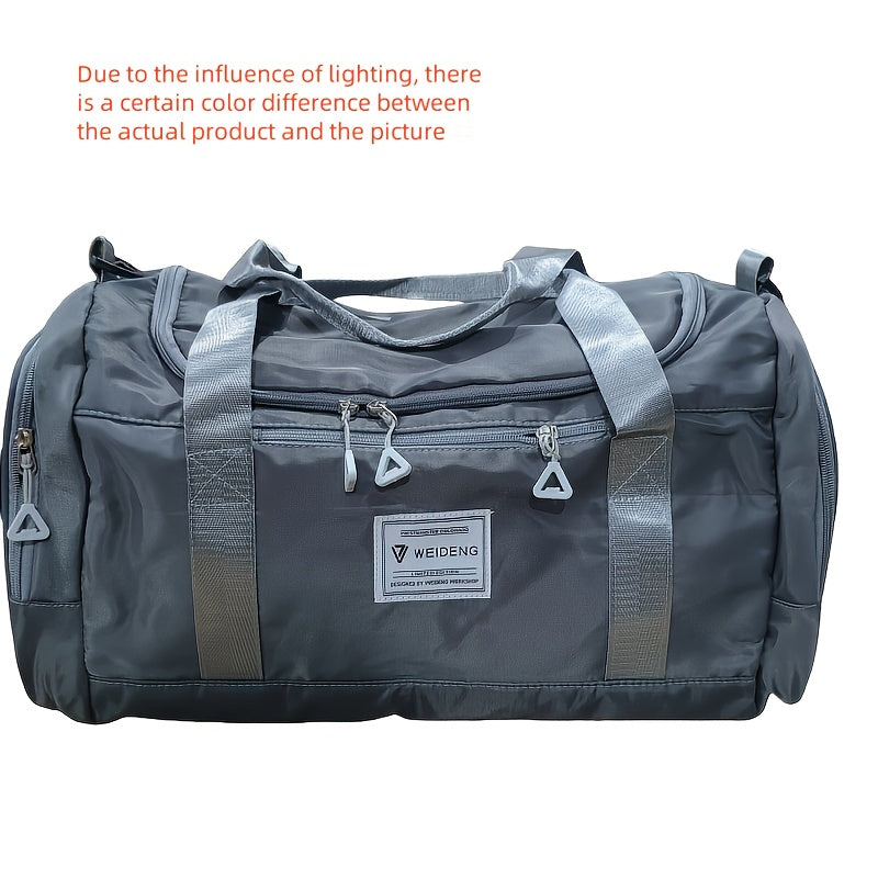 Black Oxford cloth gym duffel bag with shoe compartment; hand washable for sports and travel.