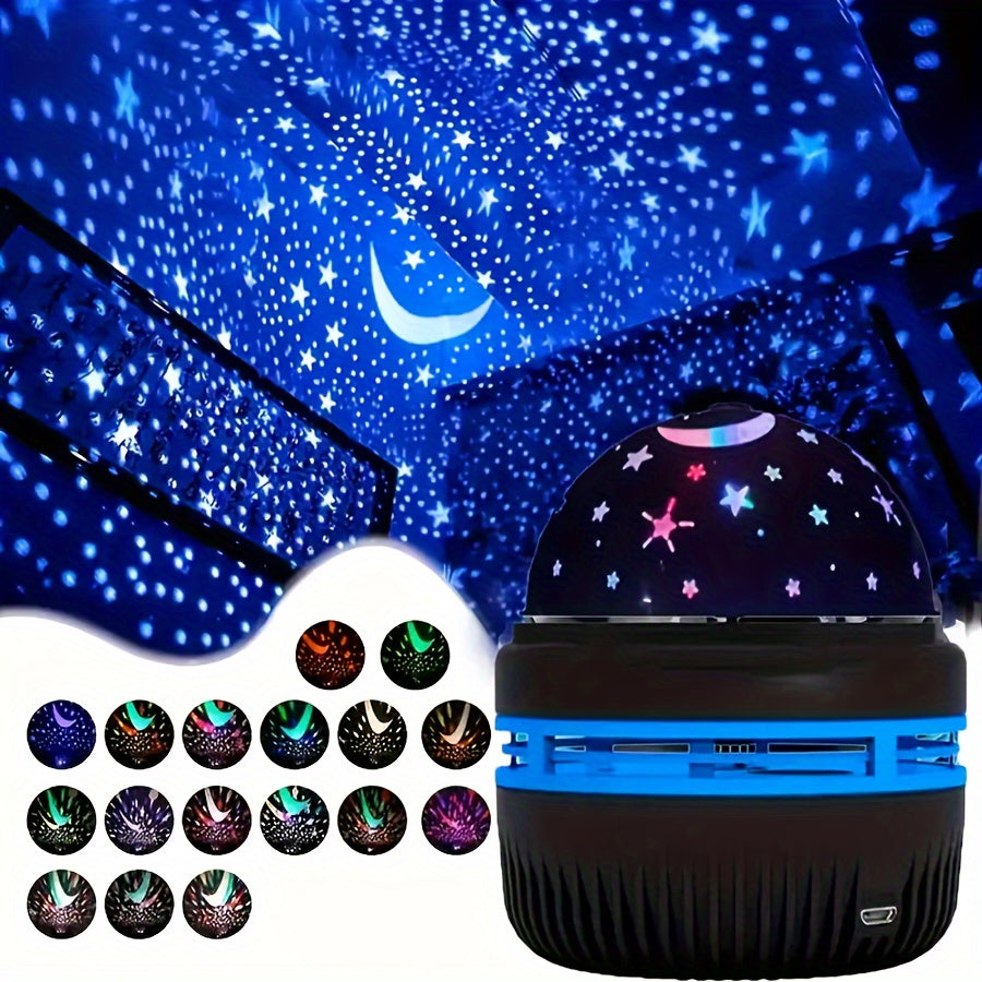 USB-powered LED night light rotates projections of stars and moons. Features independent stand and plastic disco ball design. Suitable for bedroom ambiance, home theater decor, party favors, Halloween, Christmas. No battery needed.