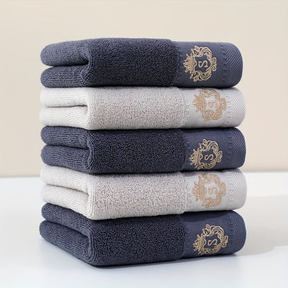 5pc Ultra Soft Cotton Velvet Hand Towels - 34.04x73.66cm, High-Quality & Cooling Comfort for Bathroom, Gym, Travel | Monogram Design in Navy Blue, Light Gray, White, Dark Gray, Light Brown | Multi-Color Options, Bathroom Essentials | Monogrammed Cotton