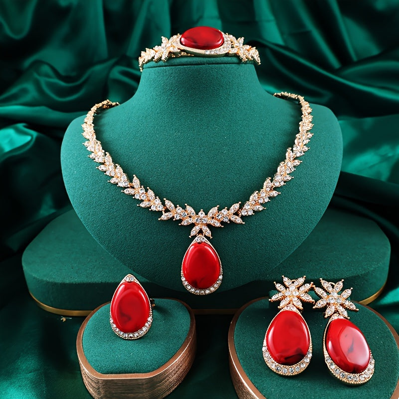 Experience luxury with our 18K Gold Plated Alloy Jewelry Set adorned with sparkling rhinestones. This 4-piece set oozes elegance and is perfect for your vacation outfits. Ideal for weddings, gifts, and Valentine's Day, our Gold Plated Bridal Party Sets