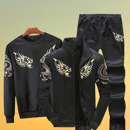 Men's 3-piece athletic set with slim-fit zip-up jacket, casual hoodie, and drawstring pants featuring golden accents for spring/fall.