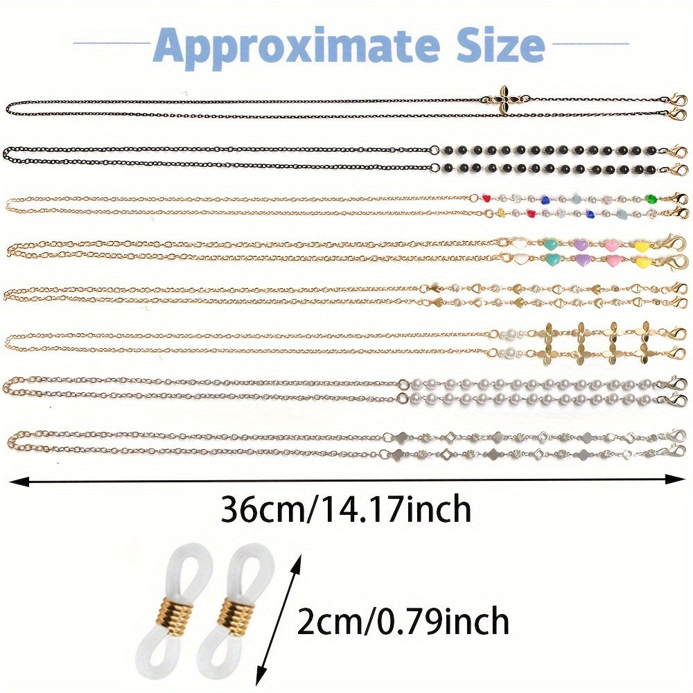 Set of 8 assorted styles glasses chains for both women and men, featuring a trendy anti-slip design. These eyeglass chains also double as a lanyard strap for masks, making them a versatile accessory for your face covering and eyewear retention needs.