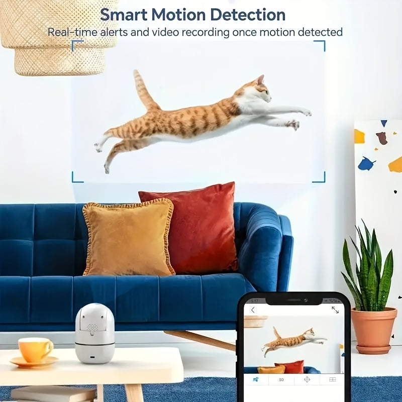 One piece Smart WiFi Security Camera with 1080P HD PTZ, 360° Pan and 110° Tilt capabilities. Features include Auto Tracking, Night Vision, Motion and Audio Detection. Connects wirelessly via 2.4G, powered by USB. Ideal for home surveillance and