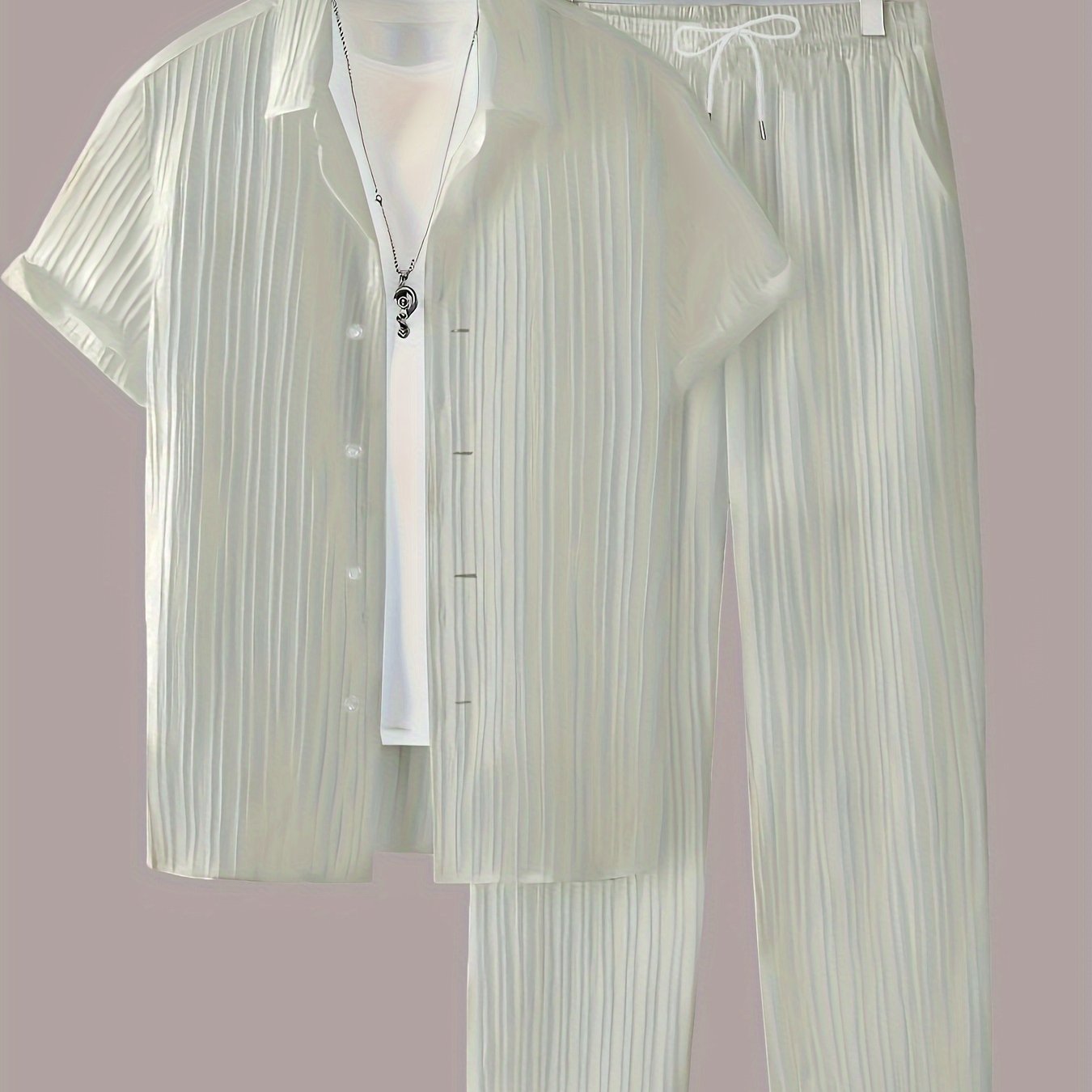 Stylish men's two-piece set with striped button shirt and drawstring pants - ideal for casual outdoor wear