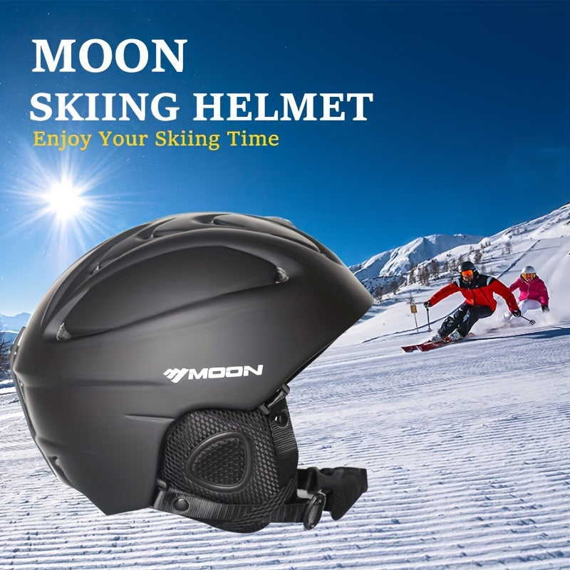 Universal MOON ski helmet with integrally-molded PC material, breathable vents, adjustable head size, chin pad, goggle lock, and removable ear pads for adult safety in snowboarding and