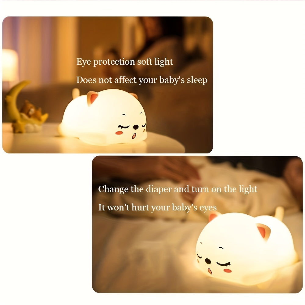 Cute LED Kitten Night Light - Rechargeable via USB, Touch-Controlled Cartoon Cat Doll Lamp Perfect for Kids' Room Decor & Relaxation