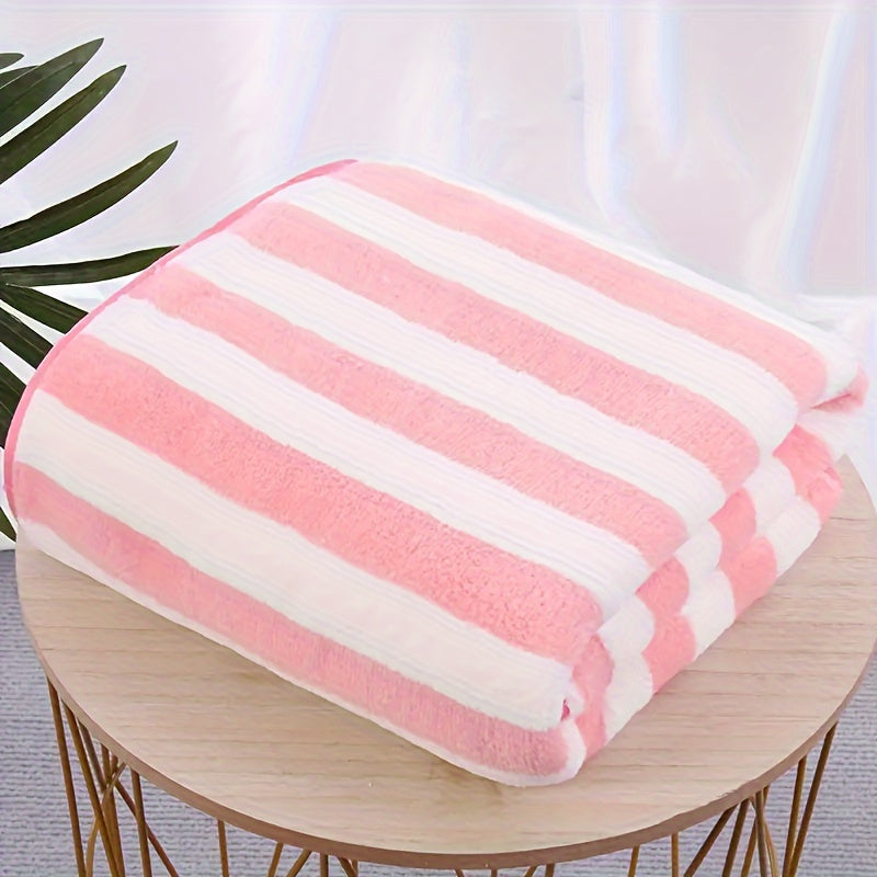 1 Quick-Dry Plush Coral Fleece Towel, Absorbent, Comfortable, Modern Stripe Design, Ideal for Home & Travel