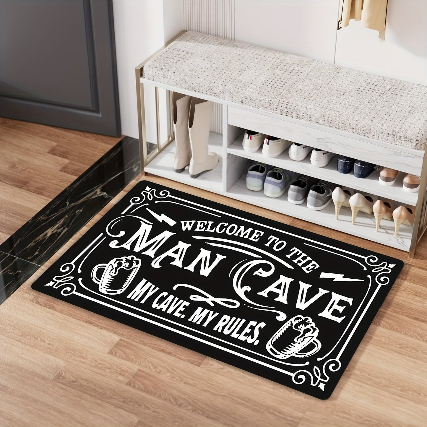 Rectangular "Welcome to the Man Cave" Door Mat - Perfect for Christmas, Halloween, Easter, Hanukkah, Thanksgiving Decor. Made of Polyester, Machine Washable, Non-Slip, Indoor Entrance Bath Rug - Ideal for Home Kitchen Decor. 1pc.