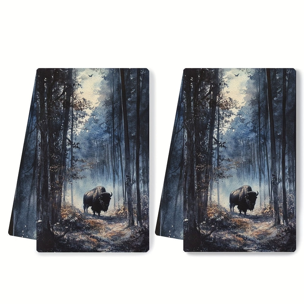 Ultra Soft Kitchen Towels featuring Majestic Bison in Woods Scene - Set of 2. Highly Absorbent, Machine Washable Dish Hand Towels with Contemporary Style. Size: 40.64x60.96 cm. Made of Ultrasoft Polyester. Perfect for any modern kitchen.