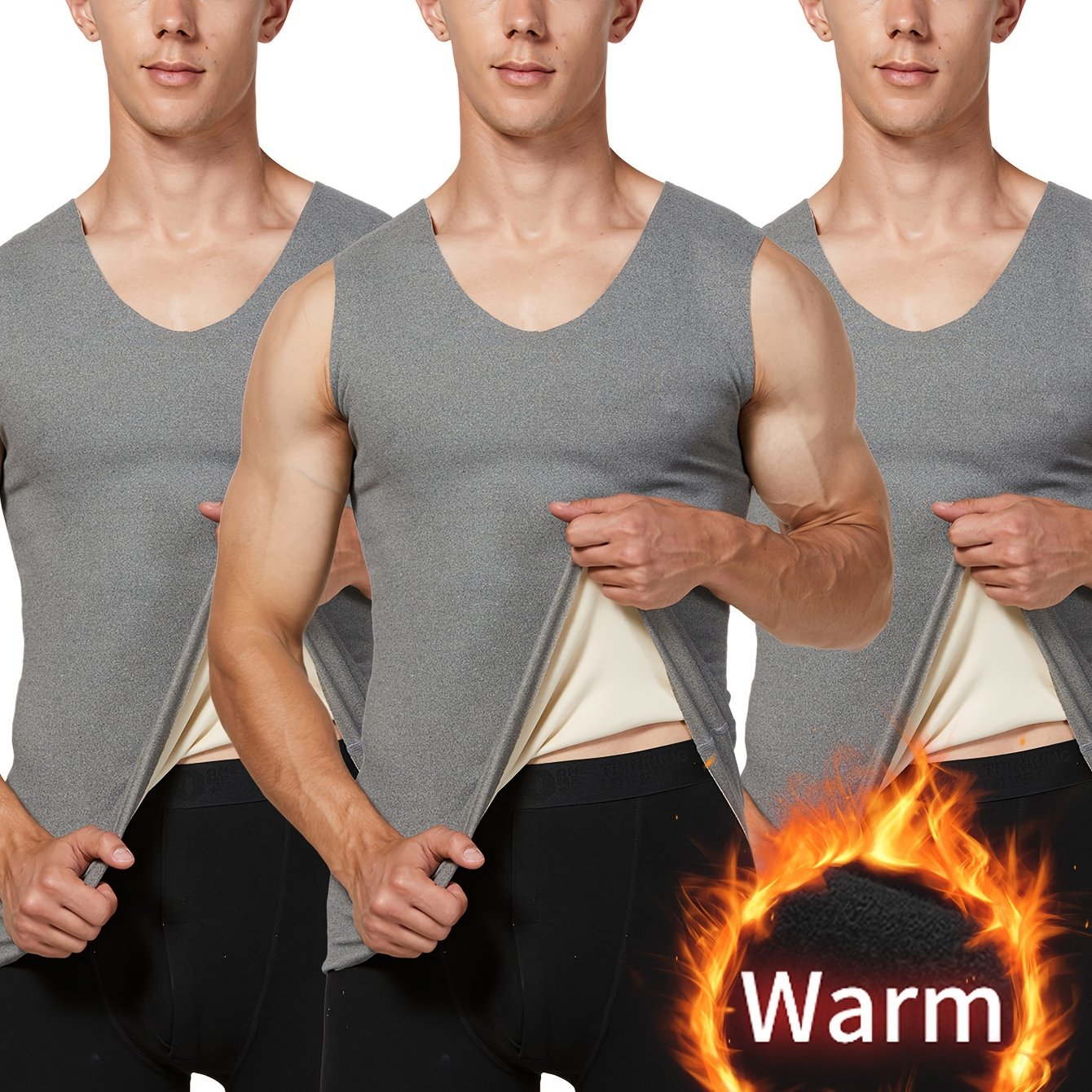 Warm, V-neck 3-pack men's vest set made of polyester and spandex blend for hiking and outdoor activities.