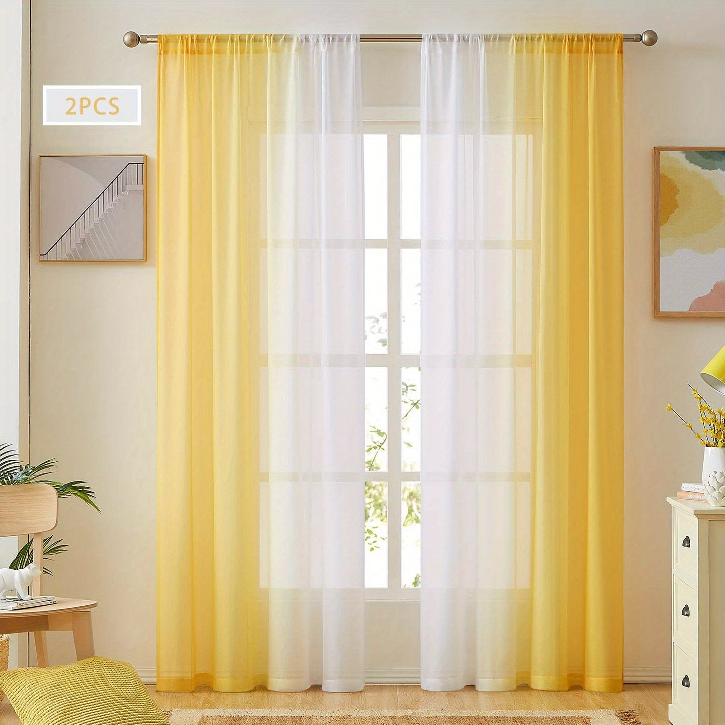 Two pieces of rod pocket curtains with a gradient style, made of transparent imitation linen material. These sheer curtains are perfect for adding a decorative touch to any bedroom, office, kitchen, living room, study, or home decor.