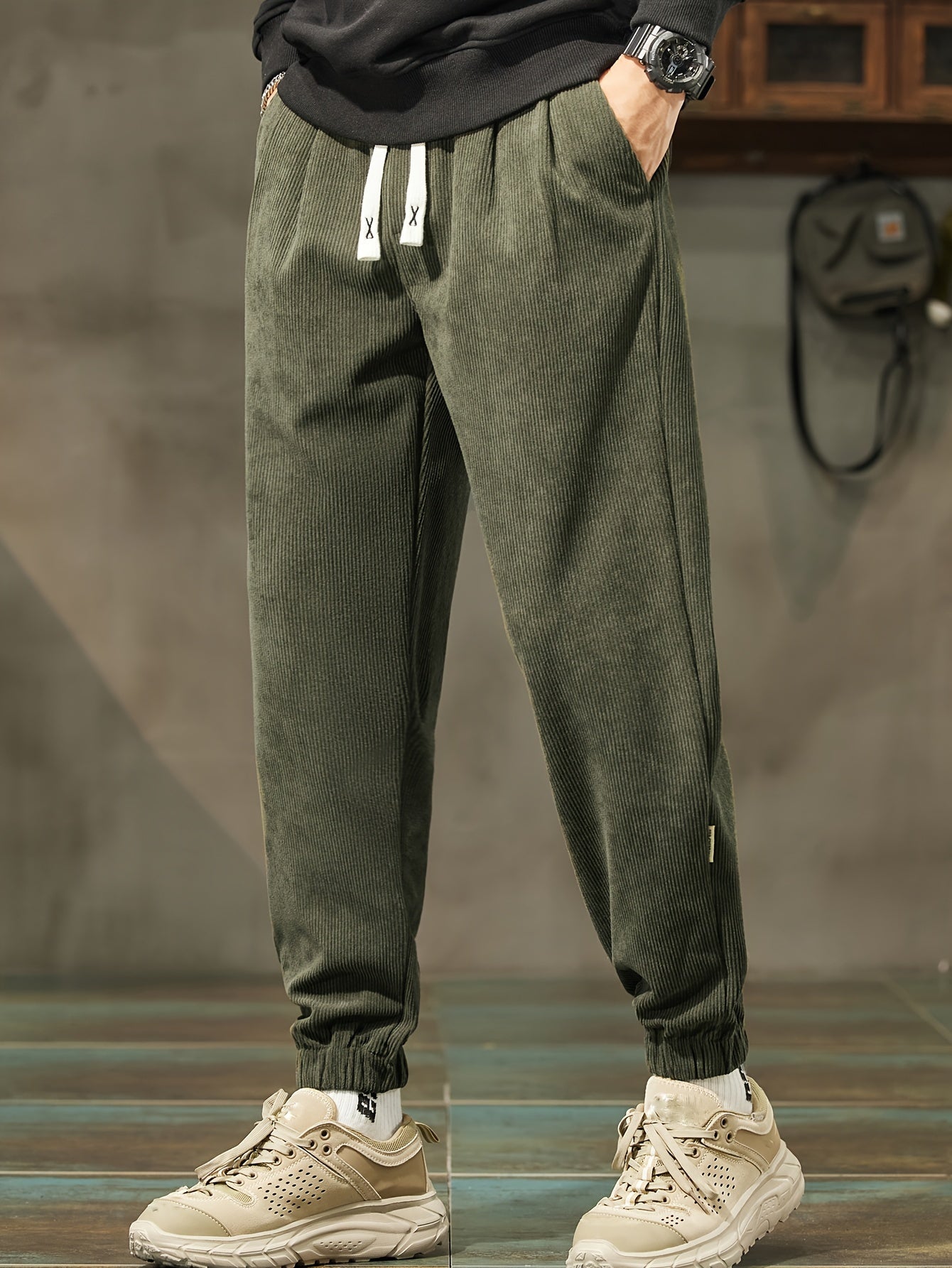 Men's Thick Corduroy Joggers - Loose fit with drawstring waist, cropped length, machine washable. Ideal for fall/winter fashion.