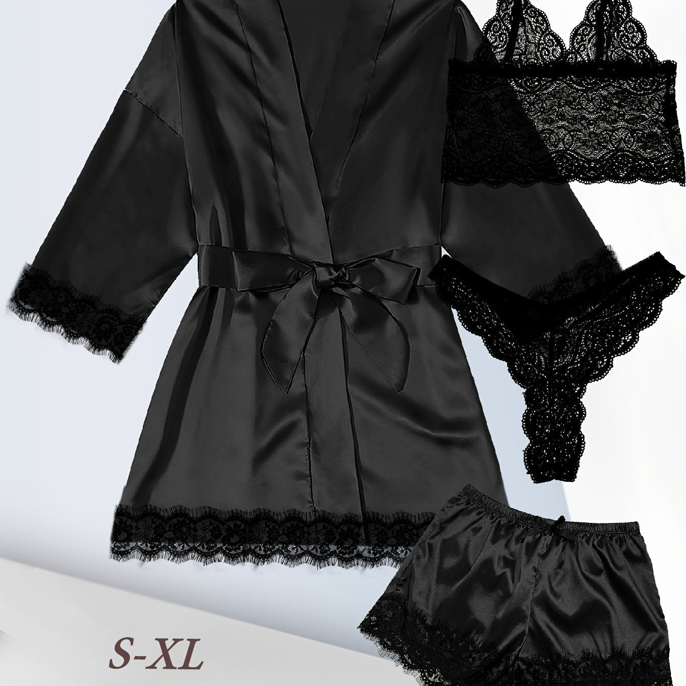 Satin lounge set with lace, robe, cami bra, thongs, and shorts for women.