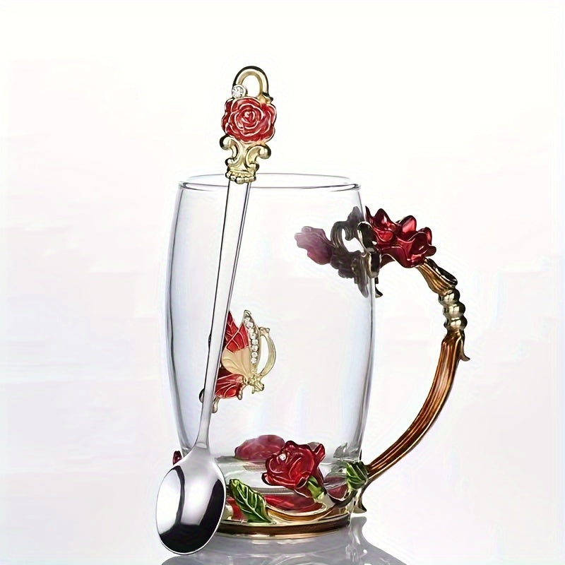 Rose enamel crystal tea cup featuring butterfly and rose design, heat resistant for coffee and water, perfect gift.