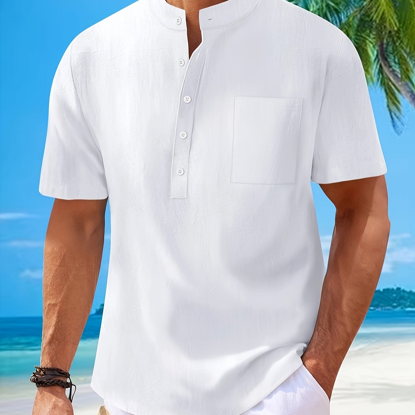 Men's Cotton Linen Henley Shirt with Mandarin Collar, Short Regular Sleeve, and Pocket Detail for Spring Vacation Casual Wear