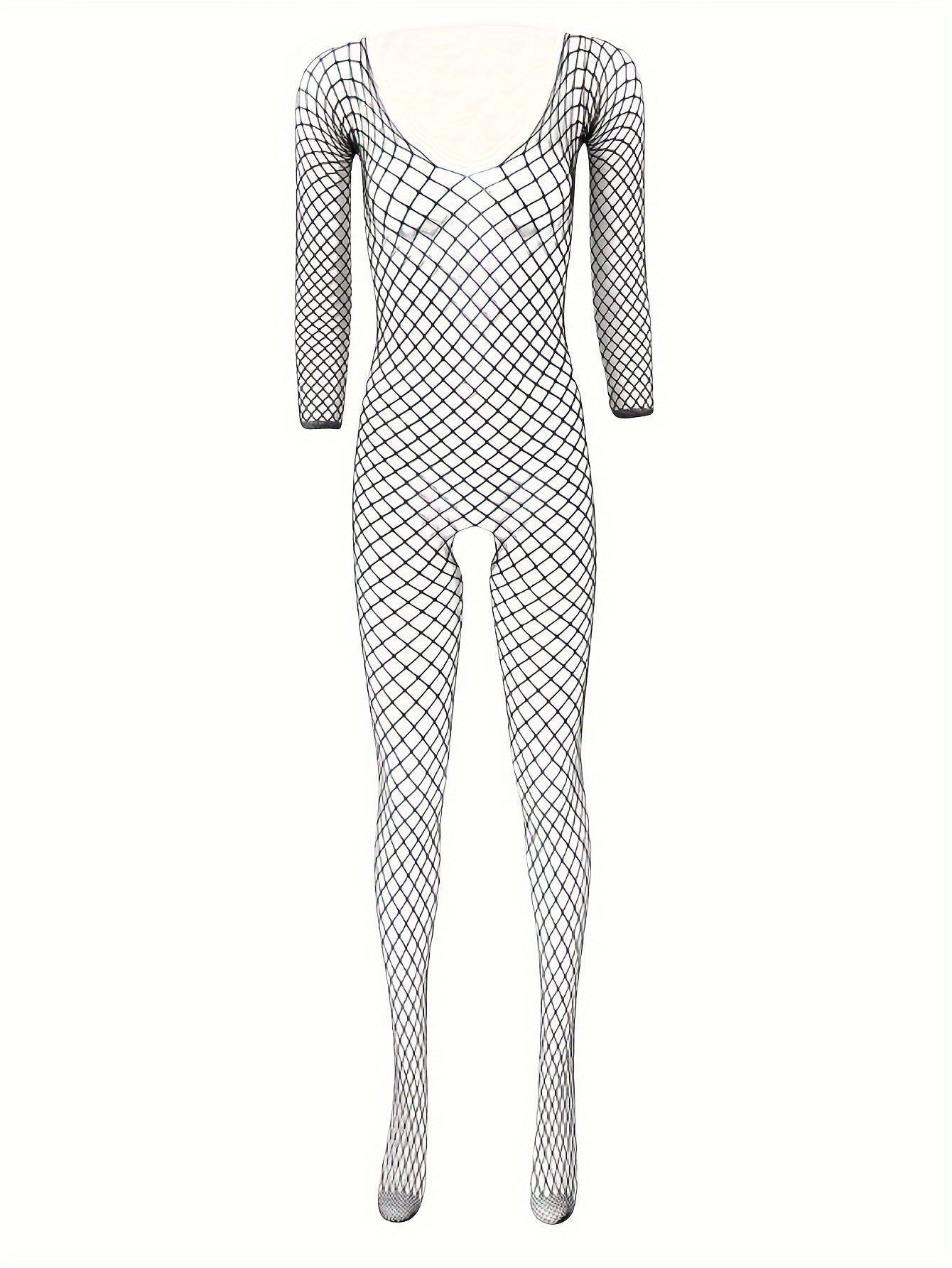 Women's black fishnet lingerie set includes bodysuit with open crotch. Made of high-elastic nylon and spandex in one size. Ideal for date nights, parties, honeymoons, and as a Valentine's