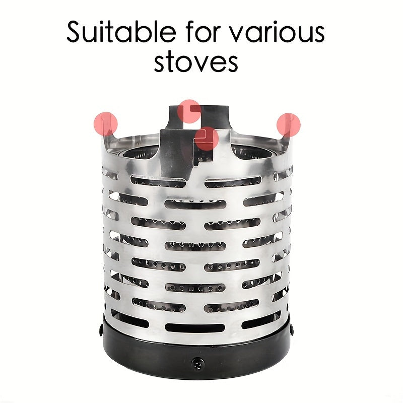 Compact stainless steel camping heater suitable for various stove heads, ideal for outdoor activities such as hiking and fishing.