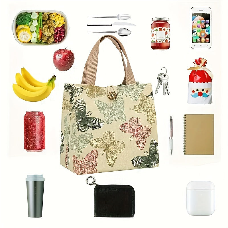 Canvas Tote Lunch Bag with Butterfly Print - Perfect for School, Travel, Picnic, or Office Use