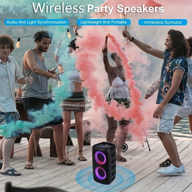 Portable wireless speaker with microphone, LED lights, 2400mAh lithium battery, ideal for home parties and outdoor camping.