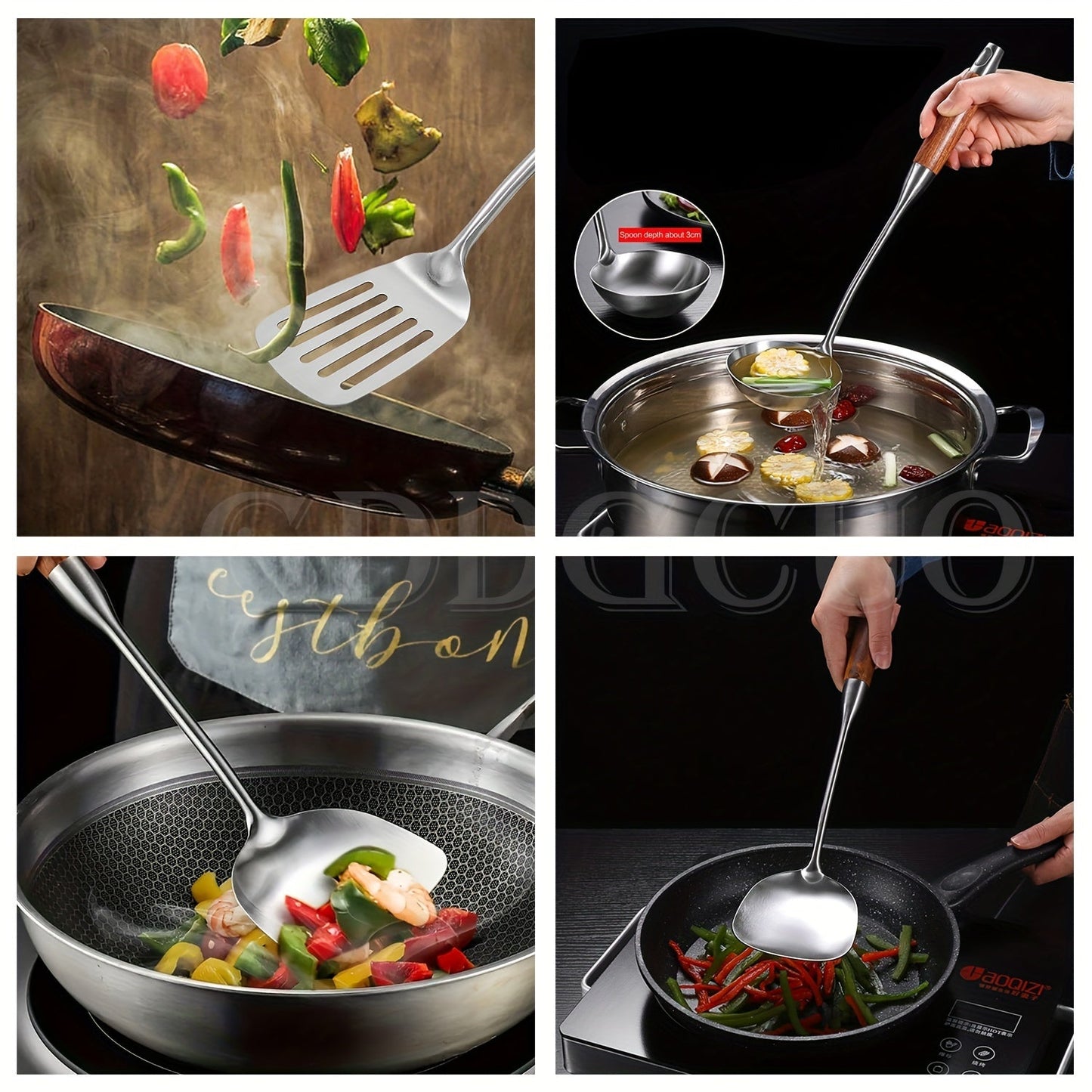 Seven pieces of cooking utensils made with durable 304 stainless steel, complete with a rotating stand storage box. The set includes a slotted spoon, slotted spatula, ladle, soup ladle, spreader, and spaghetti server.