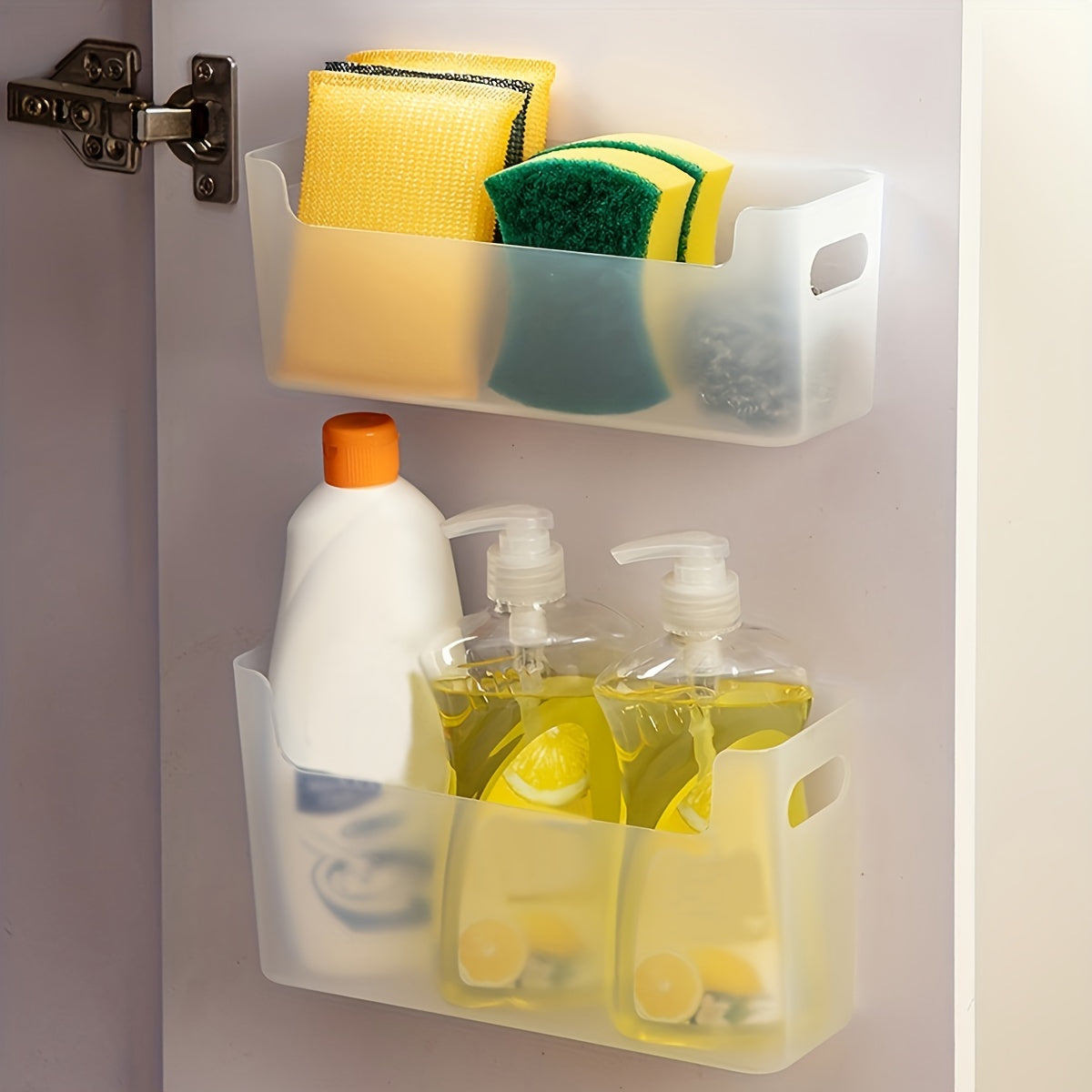 Wall-mounted storage box with cabinet inside for organizing supplies without punching holes. Cabinet door includes shelf for fresh-keeping film and bags.