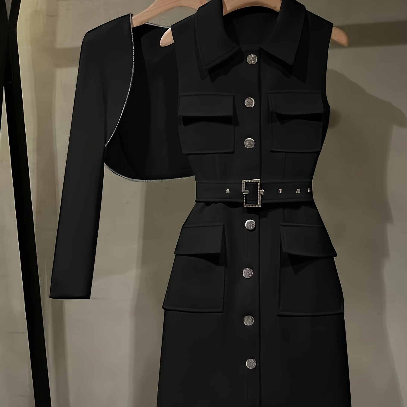 Nian Nian Directional offers a chic women's business outfit with a fitted black blazer top and mid-length pencil skirt.