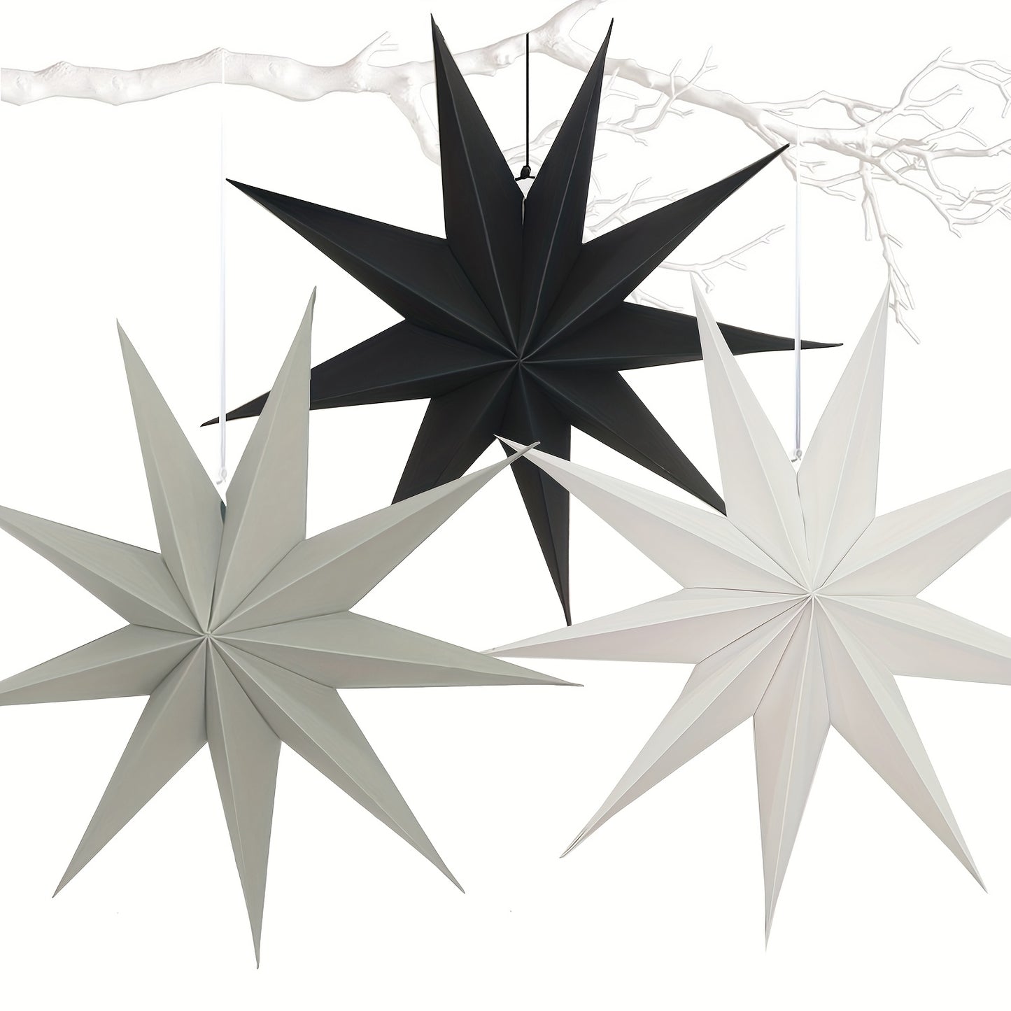 3 black, grey, and white 3D paper star lanterns, each measuring 30.48cm, ideal for Christmas and Xmas party decorations indoors.