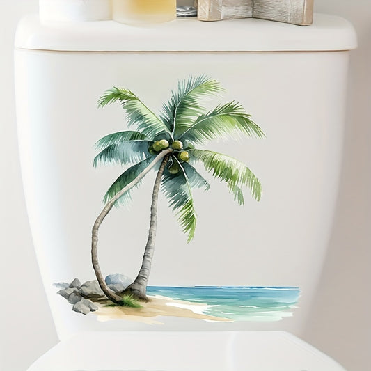 Waterproof bathroom decal featuring an ocean coconut tree design, self-adhesive with matte finish for home decor.