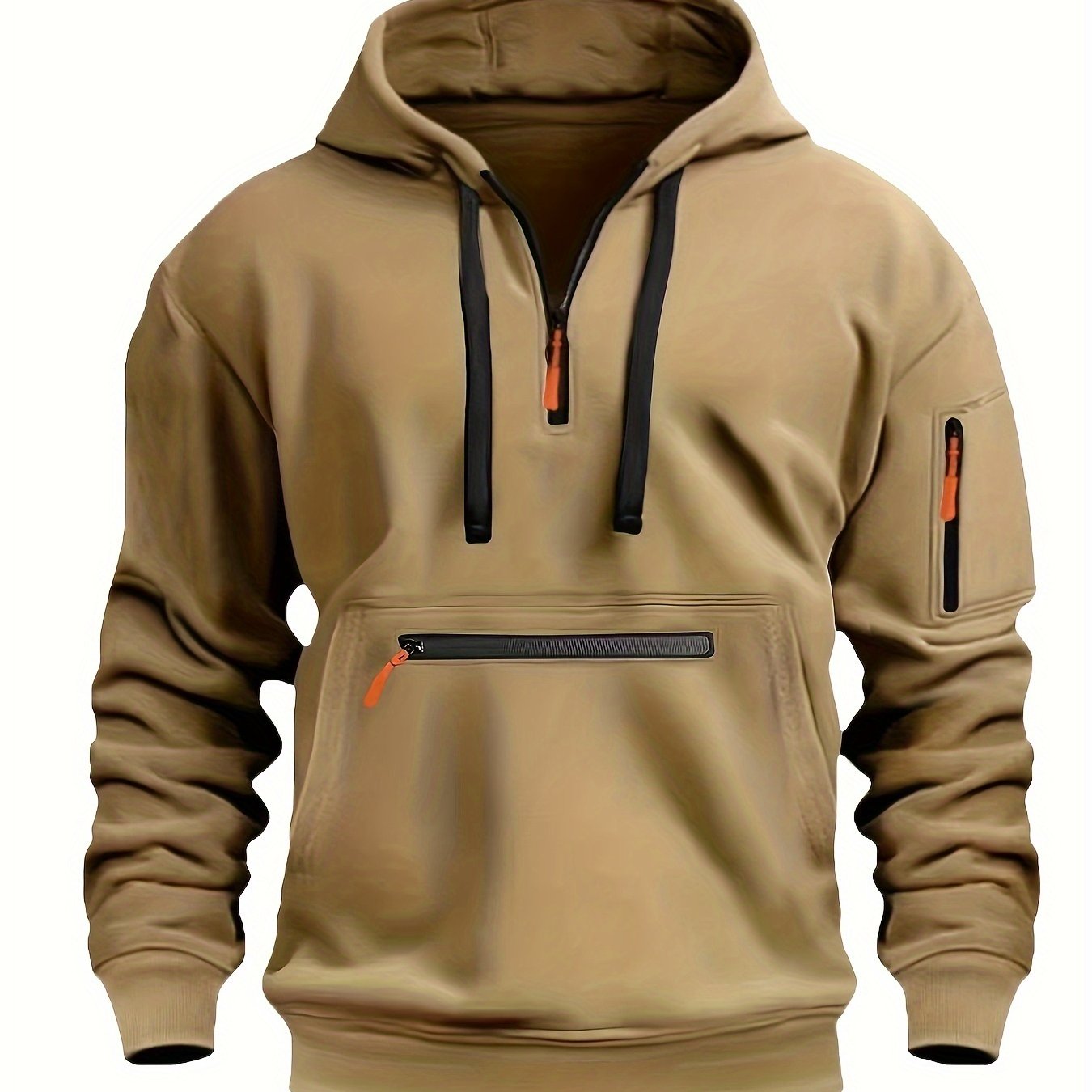 Men's Solid Color Half-Zip Casual Hoodie with Kangaroo Pocket for Fall/Winter Wear