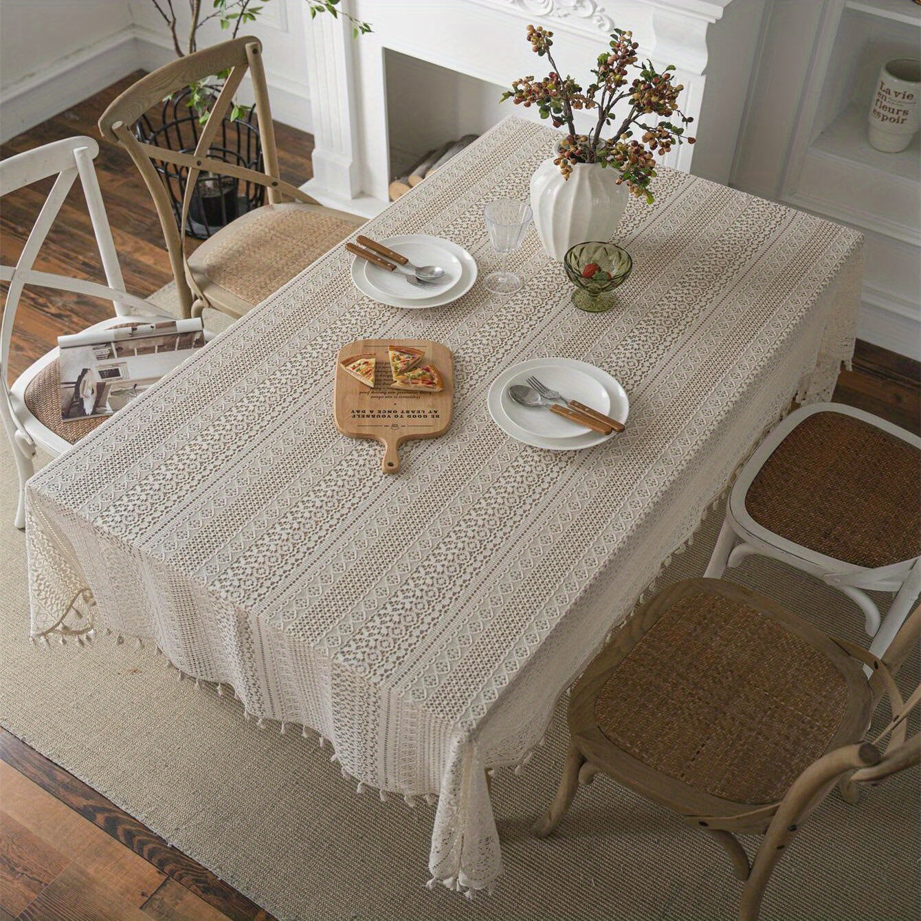 Bohemian chic crochet lace tablecloth, ideal for dining and parties. Rectangular polyester design with a farmhouse style, perfect for boho home decor. Great for buffet tables, banquets, and serving western food.