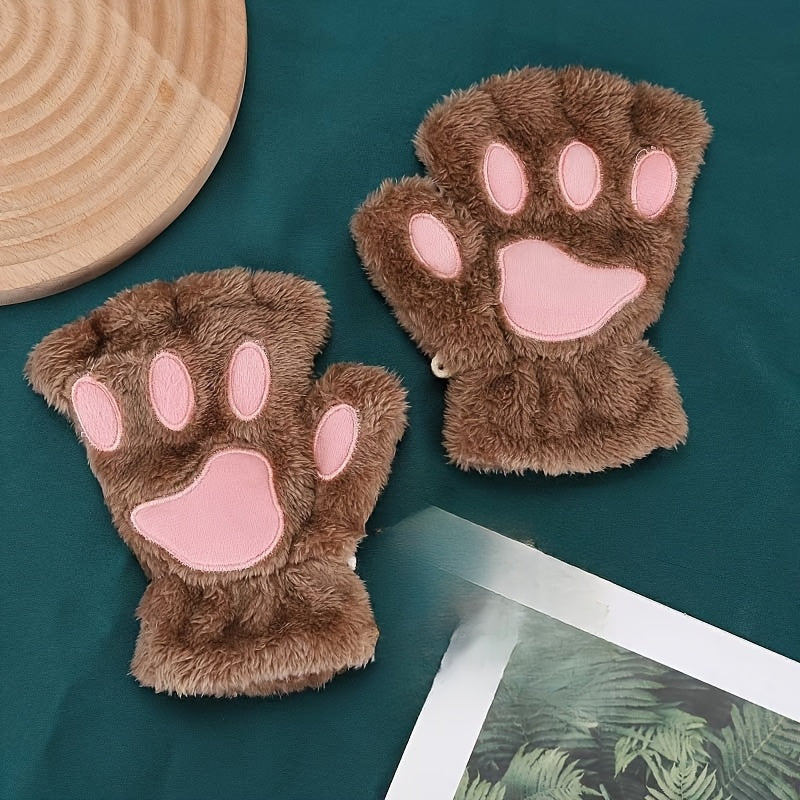 Stylish and Comfortable Cartoon Cat Paw Gloves, Featuring Thick Plush Half-Finger Design for Warmth & Fashion, Ideal for Parties.