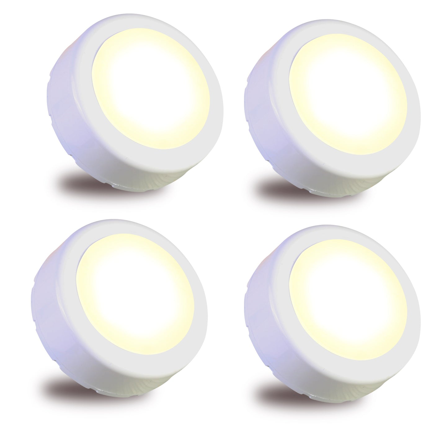 LED cabinet push lights in warm light, available in sets of 1, 3, 4, or 6. Requires 3 AAA batteries (not included). Ideal for kitchen, closet, cupboard, and counter lighting.