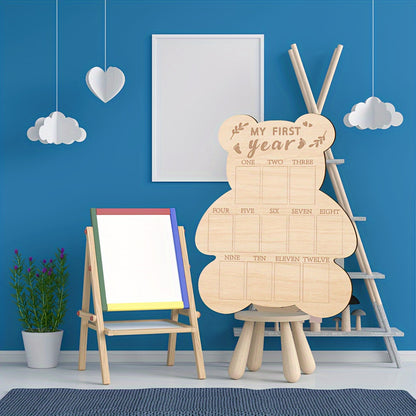 Baby's First Year Milestone Bear Photo Display: 12 Months, Wooden Keepsake Board - Ideal for Boys and Girls.