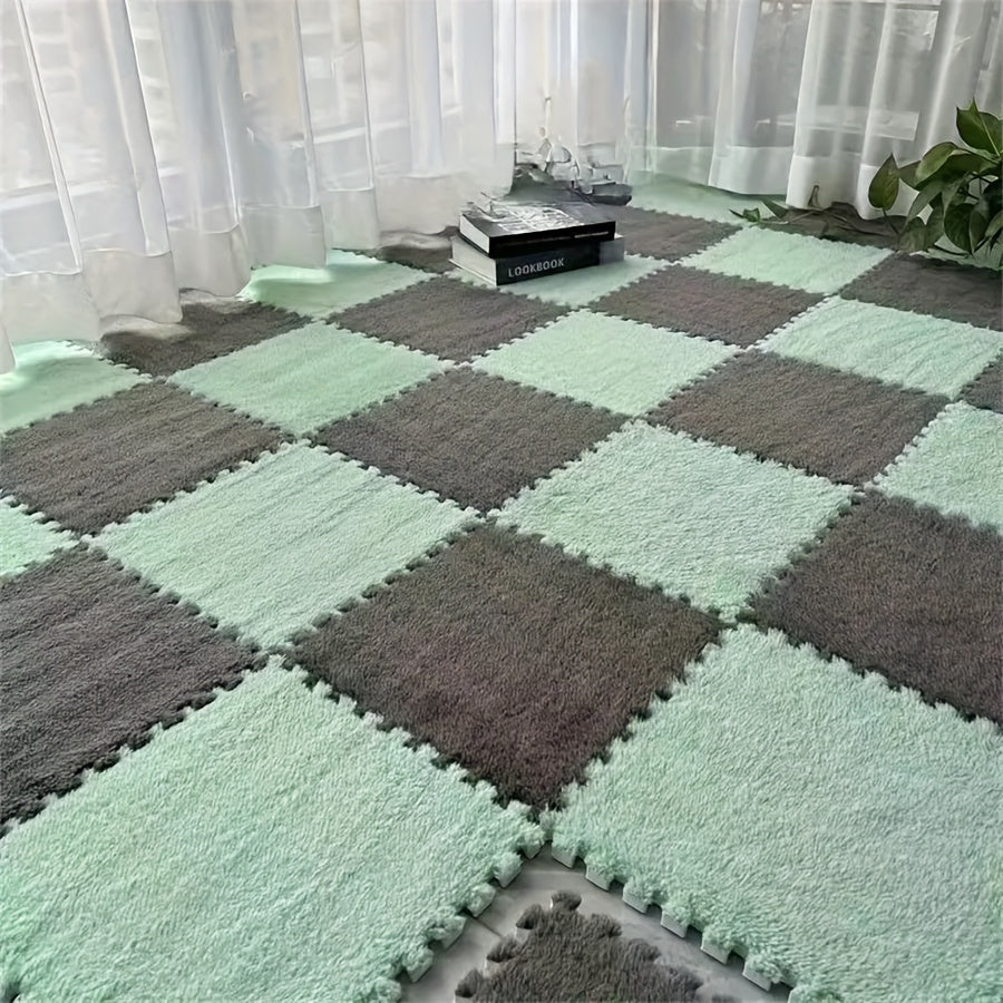 12pcs flocked carpet splicing mats in Ins style, 11.81*11.81 inches, ideal for room decoration. Anti-slip and full floor coverage.