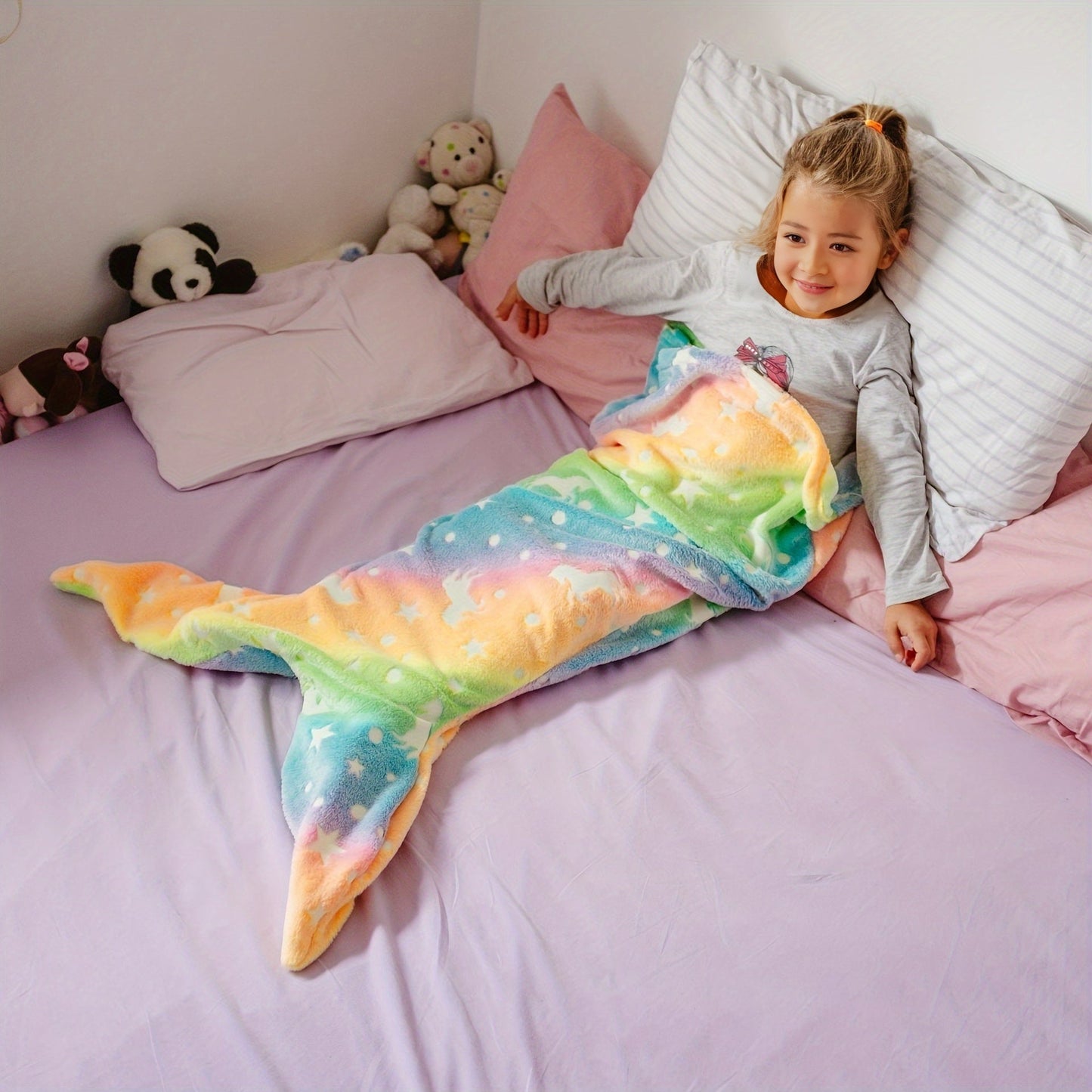 Soft Flannel Rainbow Blanket for Cozy Bedtime Comfort featuring a Glow-in-the-Dark Mermaid Starry Night Print.