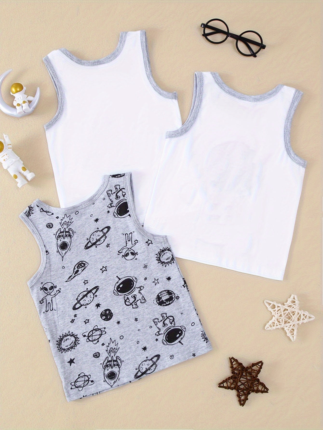 3-pack kids' cotton vests with astronaut & space themes, crew neck, moisture-wicking fabric, slight stretch, regular fit - grey & black, sweat-resistant