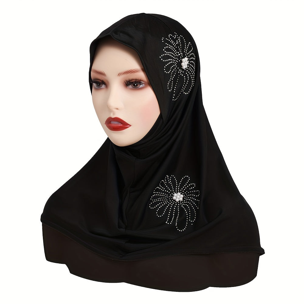 Women's Solid Color Elastic Polyester Hijab with Rhinestone and Pearl accents, full coverage chin cap, easy wear instant scarf for casual use, 100% polyester woven fabric with decorative