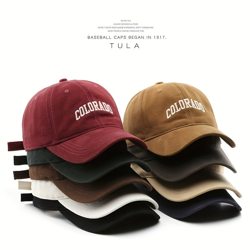 Vintage-inspired "Colorado" embroidered baseball cap for autumn and winter outdoor activities, with sun protection and adjustable fit. Comes in multiple colors.