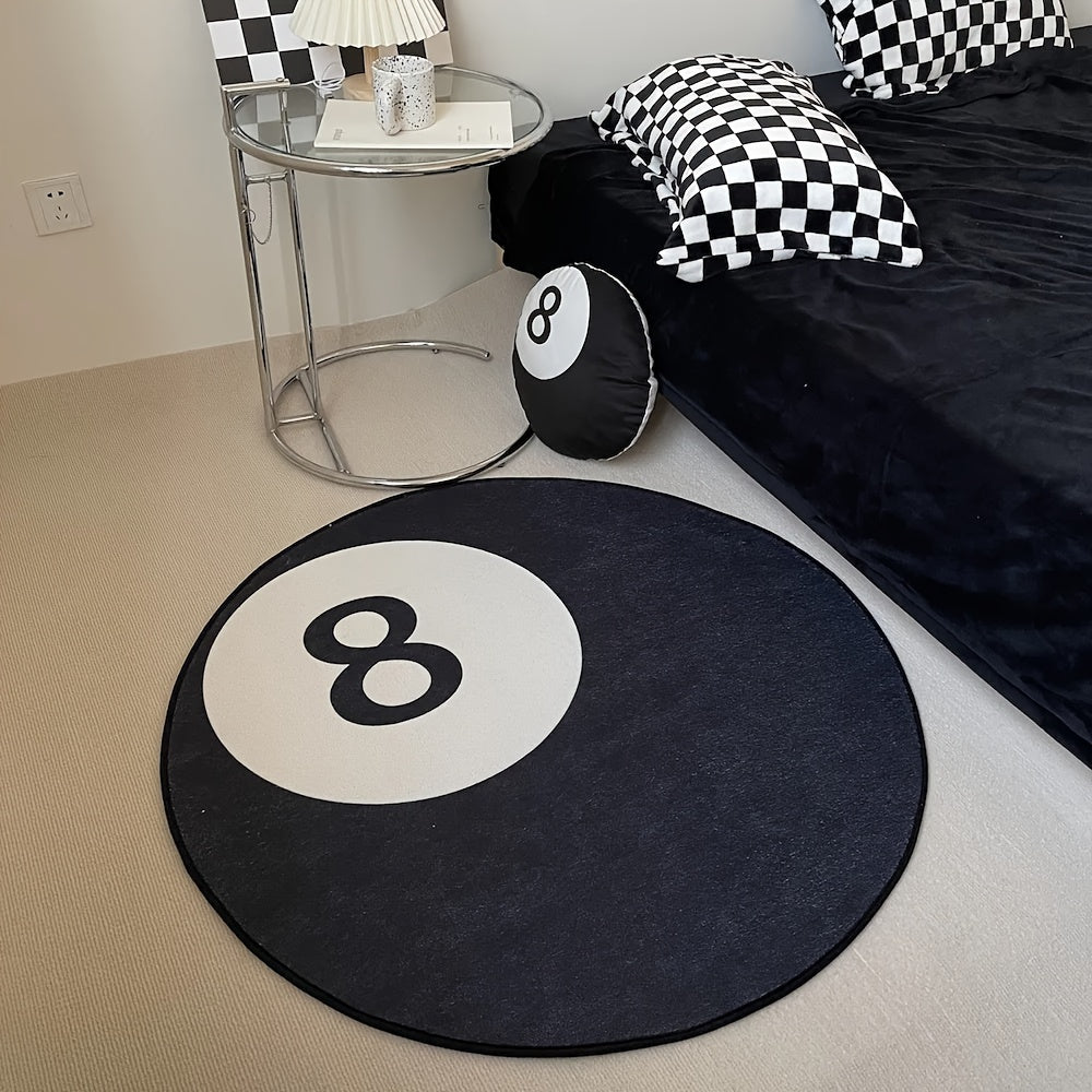 Machine washable floor mat with an anti-skid backing, featuring a stylish billiards pattern in black. Suitable for bedroom, living room, leisure area or bedside as a decorative carpet.