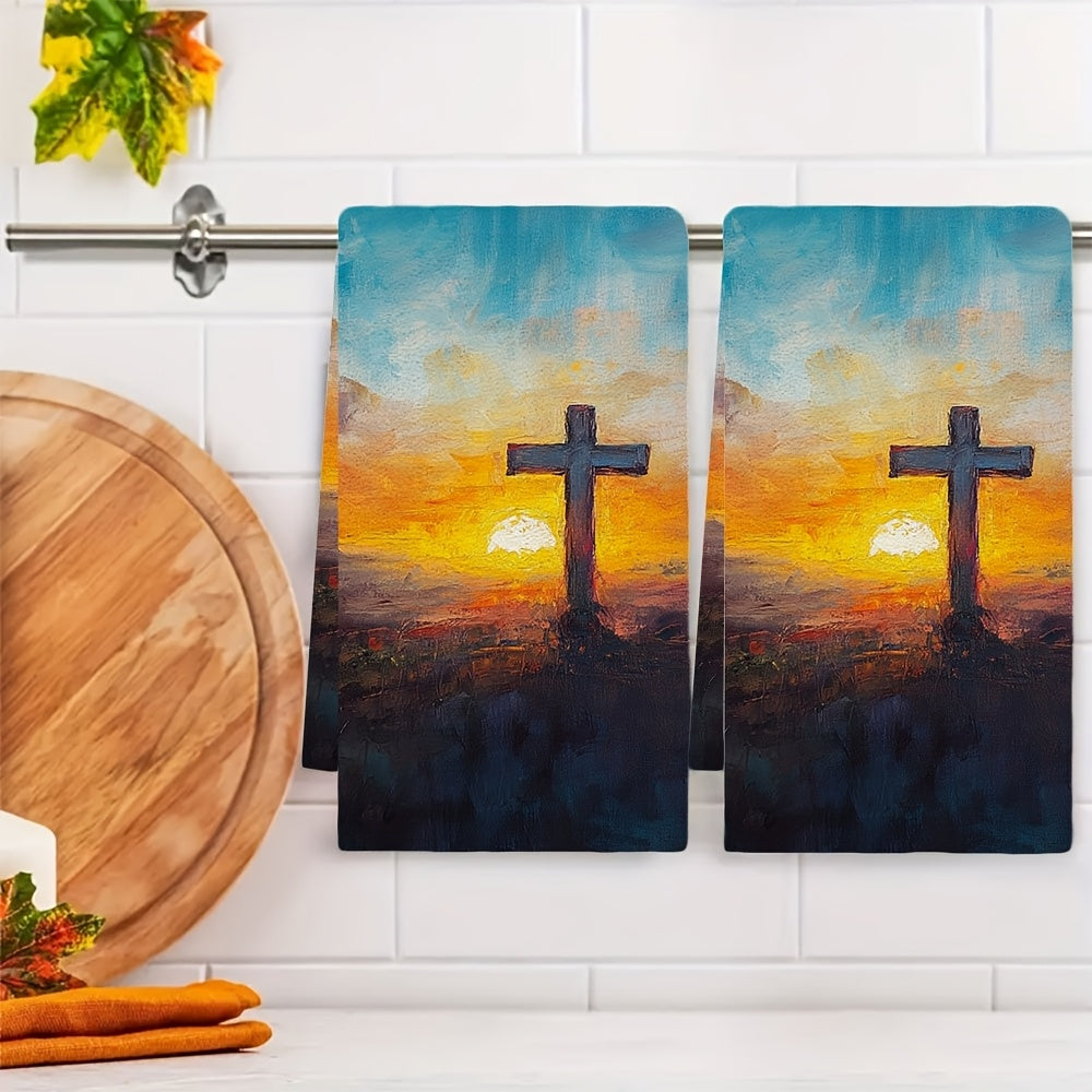 2 pieces of ultra soft kitchen towels featuring an Easter sunrise oil painting style. These highly absorbent and machine washable dish hand towels measure 40.64x60.96 cm, making them perfect for holiday decor.